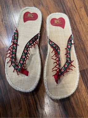 BC Footwear Red Floral-Trim Flip Flop Sandals